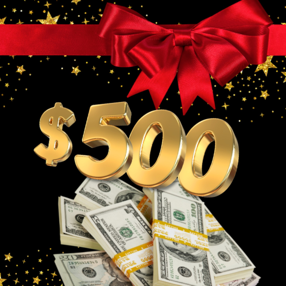 Gold "$500" text, red gift bow, and stacks of U.S. dollar bills against a black background with gold stars.
