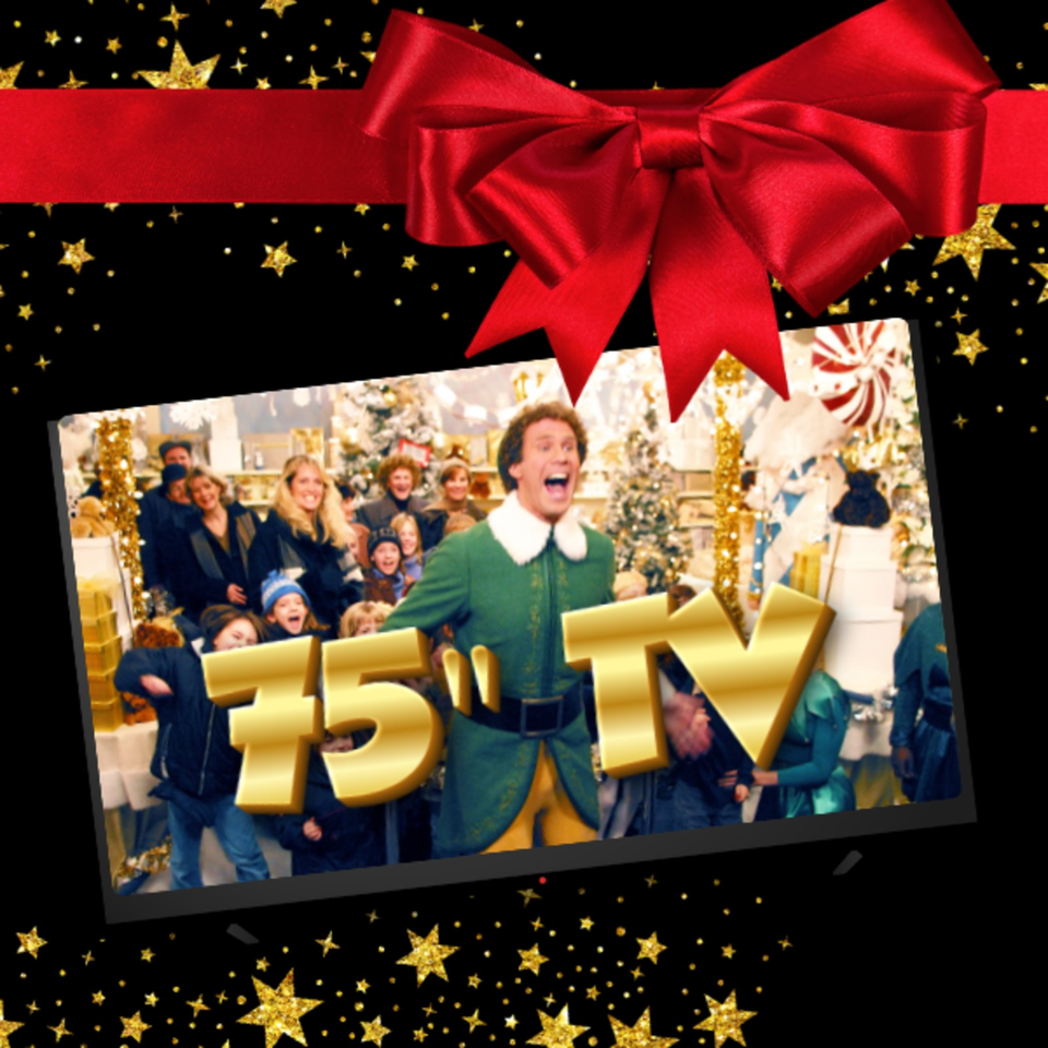 Festive graphic featuring a large red bow, golden stars, and a movie still of an elf entertaining shoppers in a decorated store.