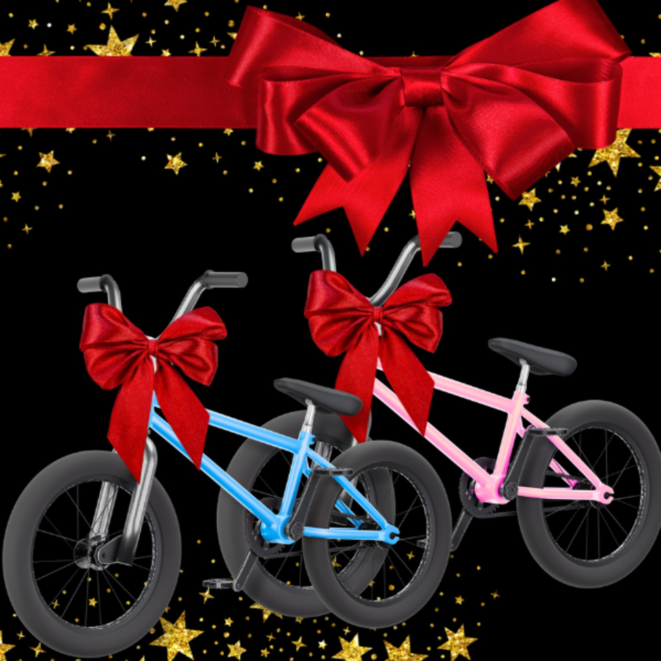 Blue and pink bicycles decorated with large red bows against a black background scattered with golden stars.