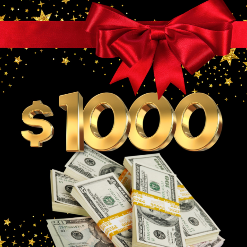 Red ribbon and bow above golden “$1000” text, with stacks of U.S. hundred-dollar bills and gold stars on black.